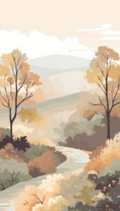 Tranquil autumn landscape with soft colors, rolling hills, and a gentle river winding through the scene.