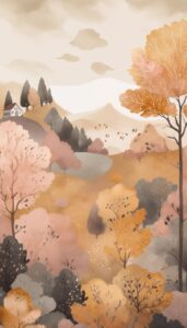 A calm autumn landscape with rolling hills, pastel-colored trees, and a small house in the distance, creating a soothing and tranquil scene.