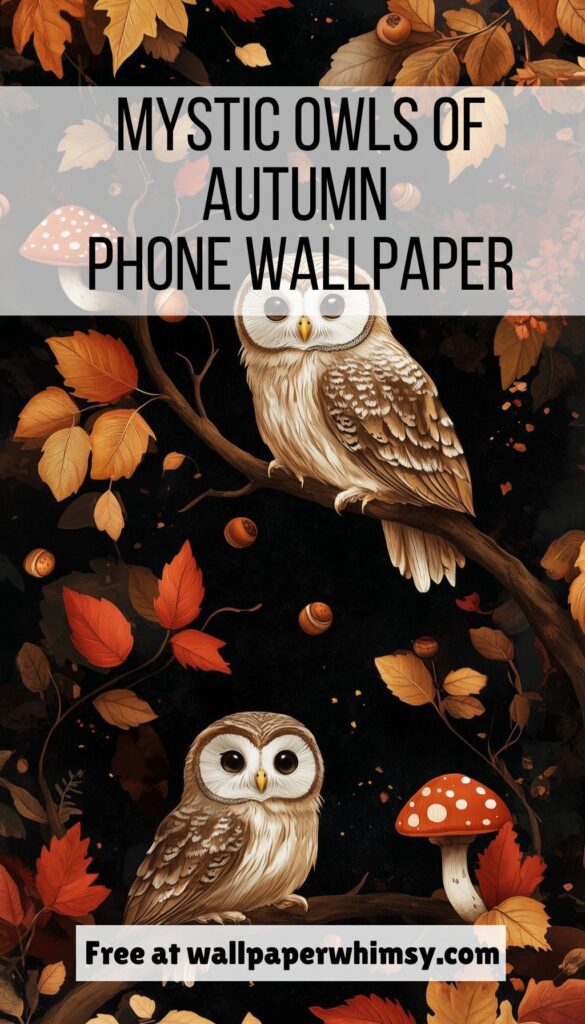 Mystic Owls of Autumn iPhone wallpaper graphic.