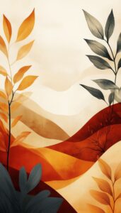 Stylized artistic rendering of an autumn landscape, featuring flowing waves of red, orange, and yellow hills with contrasting dark and light foliage elements against a soft cream background, creating a modern and abstract fall scenery.