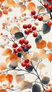 Red berries and orange fall leaves on branches, perfect for a fall-themed iPhone wallpaper.