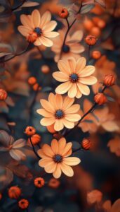 Stunning close-up of vibrant orange daisy-like flowers with dark blue centers, surrounded by deep bronze leaves and buds, creating a mesmerizing autumnal floral scene.