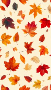 A playful array of colorful autumn leaves, including vibrant red, rich gold, and subtle brown, scattered across a warm cream background, capturing the essence of fall in a joyful display.