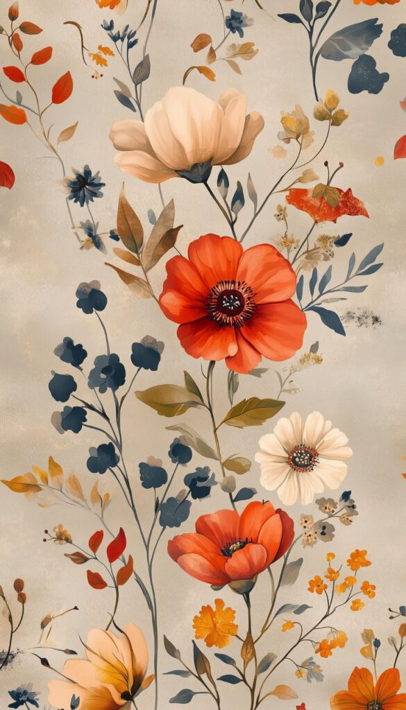 Autumn-themed floral pattern with orange, cream, and dark blue flowers, designed as an iPhone wallpaper.