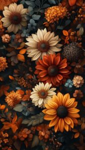 Illustration of sunflowers, beige blooms, and orange mums with dark green leaves, designed as a fall-themed phone wallpaper.