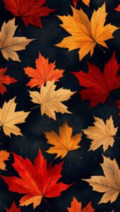 A collection of vivid maple leaves in shades of red, yellow, and orange scattered across a dark background, perfect for an autumn-themed iPhone wallpaper.