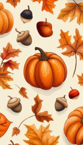 A delightful illustration featuring a vivid collection of autumn elements with bright, plump pumpkins at the center, surrounded by crisply detailed maple leaves in shades of orange and brown, along with artistically rendered acorns.