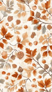 Autumn-themed wallpaper with orange and brown leaves, berries, and nuts on a soft cream background.