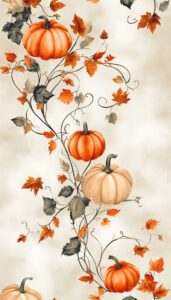 Illustration of orange and beige pumpkins entwined with vibrant autumn leaves on swirling vines against a soft textured background.