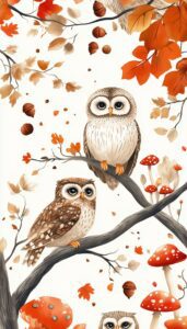 Illustration featuring three wise owls perched on branches amidst a backdrop of falling leaves, acorns, and bright red mushrooms, creating a captivating autumnal scene.