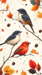 Vibrant illustration of two blue birds and one red bird perched on thin branches, surrounded by scattered autumn leaves and acorns on a speckled cream background, highlighting the beauty of fall.