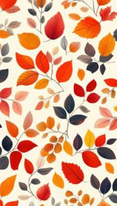 A vibrant collection of autumn leaves in a spectrum of colors, from deep red to bright yellow, dark grey to soft peach, all intricately arranged against a light cream background, showcasing the diversity of fall foliage.