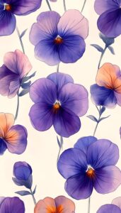 Illustration of purple and orange pansy flowers on a light background, designed as a fall-themed phone wallpaper.