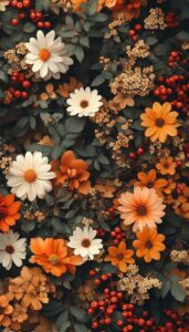  Illustration of orange and white wildflowers with green leaves and red berries, designed as a fall-themed phone wallpaper.