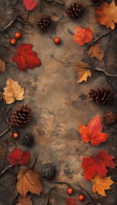 A rustic and textured background with scattered elements of fall, including vivid red maple leaves, golden oak leaves, dark twigs, pinecones, and small red berries, creating a rich and earthy autumn tableau.