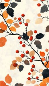 Artistic depiction of black branches with lush dark and light leaves, interspersed with vibrant red berries and softer peach and orange leaves, all against a speckled cream background, evoking a lively autumn scene.