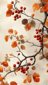 Elegant branches adorned with clusters of bright red berries intertwined with autumn leaves in shades of orange and brown, all set against a textured light beige background.