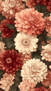 Illustration of cream, blush, and burgundy chrysanthemum flowers with dark green leaves, designed as a fall-themed phone wallpaper.