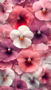 Illustration of pink, blush, and white pansies with soft petals, designed as a fall-themed phone wallpaper.