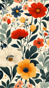 Bold floral design with red, yellow, blue, and white flowers on a light background for iPhone wallpaper and phone background.