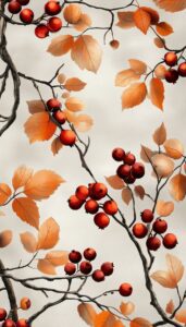 Elegant branches adorned with crimson berries and soft beige leaves against a subtle grey background, showcasing a blend of autumn's vivid reds and gentle earth tones.