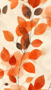 Elegant illustration of elongated branches with vibrant orange and deep red leaves against a textured cream background, creating a serene and stylized autumn scene.