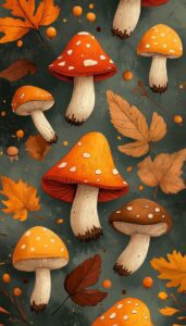 Vivid illustration of red and orange Amanita mushrooms amid a backdrop of fallen autumn leaves and floating spores, set against a deep forest green background, evoking a mystical woodland scene.