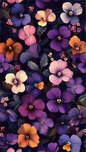 Illustration of vibrant purple, blue, orange, and pink pansies with dark green leaves, designed as a fall-themed phone wallpaper.