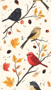 Fall birds perched on branches with acorns and autumn leaves in the background, perfect for a fall-themed iPhone wallpaper.