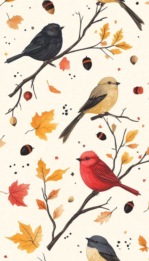 Fall birds perched on branches with acorns and autumn leaves in the background, perfect for a fall-themed iPhone wallpaper.