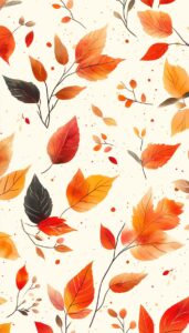 A delicate array of fall leaves in warm shades of red, orange, and yellow, interspersed with dark leaves and subtle berry sprigs, all floating on a soft cream background with speckled accents.