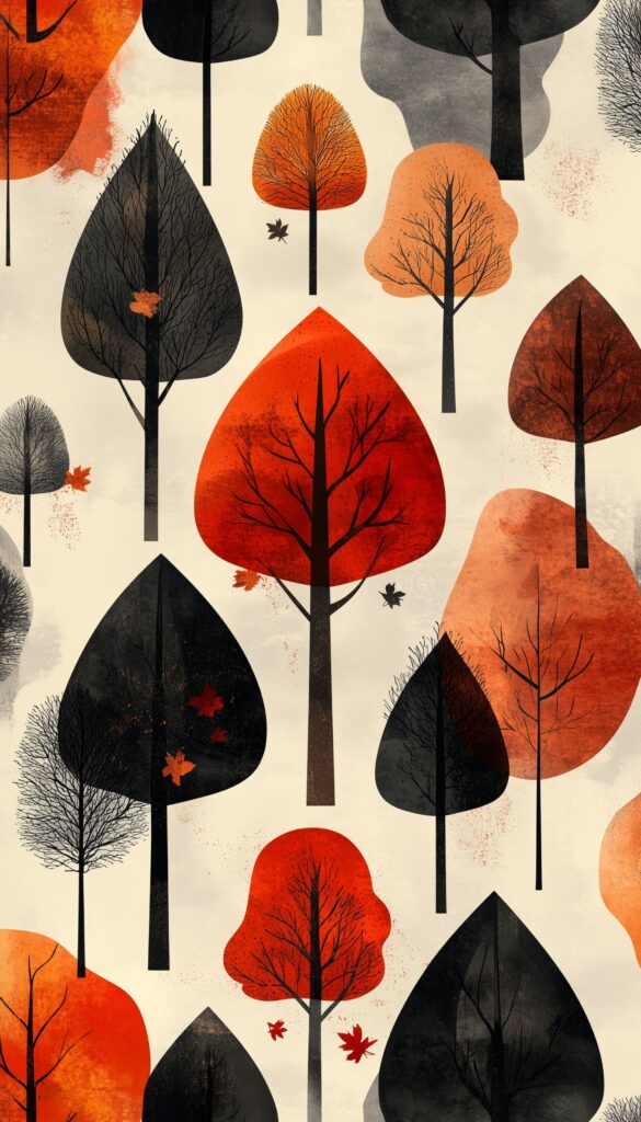 Bold fall forest silhouettes in shades of orange, red, and black on an iPhone wallpaper background.