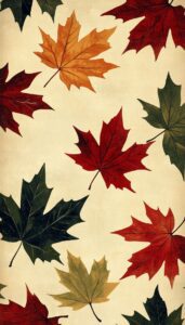 Vintage-style wallpaper showcasing a range of maple leaves in autumnal colors from deep red to golden yellow, spread across a textured beige canvas, creating a classic fall motif.