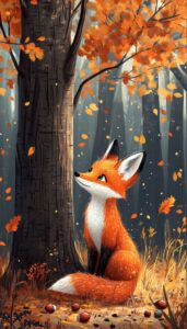 Stunning digital painting of a vibrant orange fox sitting attentively in a dense forest with dark tree trunks and a canopy of bright orange leaves, as leaves gently fall around in a serene autumn setting.