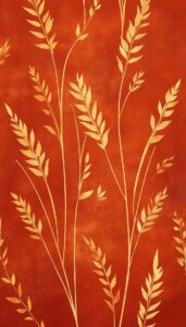 Elegant illustration of slender wheat stalks in golden hues, gracefully arching against a vibrant burnt orange background, creating a simple yet profound representation of the harvest season.