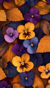 Illustration of yellow, purple, and lavender pansies with autumn leaves, designed as a fall-themed phone wallpaper.