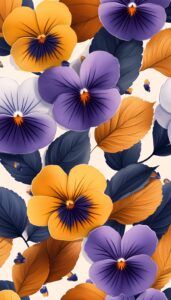 Illustration of golden yellow and violet pansies with deep blue and orange leaves, designed as a fall-themed phone wallpaper.