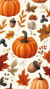 A rich collection of fall elements including vibrant orange pumpkins, rustic acorns, and assorted leaves in shades of yellow and red, all set against a soft cream background, perfectly capturing the harvest season's full array.