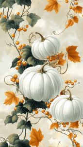 Illustration of delicate white pumpkins elegantly entwined with green vines and clusters of small orange berries, accented by vibrant autumn leaves, all set against a muted beige background.