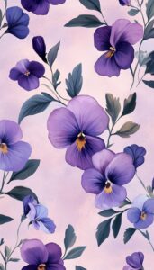 Illustration of lavender and violet pansies with soft green leaves on a pastel background, designed as a fall-themed phone wallpaper.

