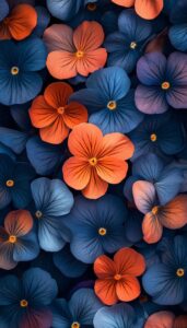 Illustration of deep blue and bright orange pansies with soft petals, designed as a fall-themed phone wallpaper.