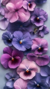 Illustration of pastel-colored pansies in pink, lavender, and violet hues, designed as a fall-themed phone wallpaper.

