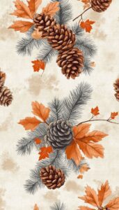 Detailed illustration of large pinecones nestled among green pine needles and vivid orange maple leaves, all set against a textured cream background, conveying a rich autumnal theme.