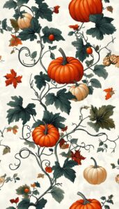 Artistic depiction of a lush array of pumpkins in shades of orange and cream, entwined with green vines and accompanied by vibrant red and orange autumn leaves, set against a soft off-white background.