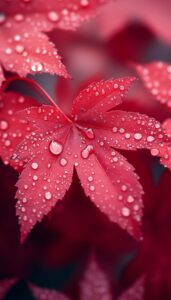 Close-up of a vibrant red maple leaf, its surface adorned with pristine water droplets that capture and reflect light, set against a softly blurred background, emphasizing the freshness of a rainy autumn day.