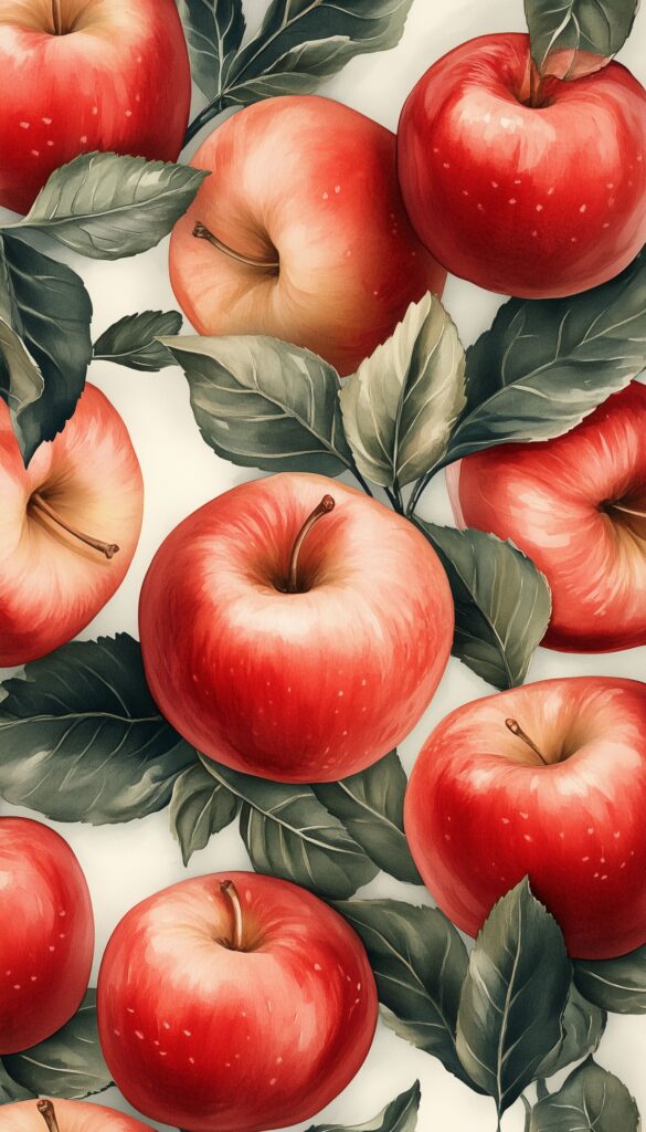 Red apples with green leaves on a vibrant iPhone wallpaper, perfect for a phone background or lock screen.