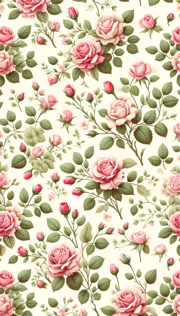 iPhone wallpaper showing a pattern of pink roses with green leaves on a cream background, ideal for a floral-themed phone background or lock screen.