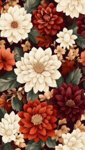 Illustration of cream, burgundy, and orange dahlias with green leaves, designed as a fall-themed phone wallpaper.