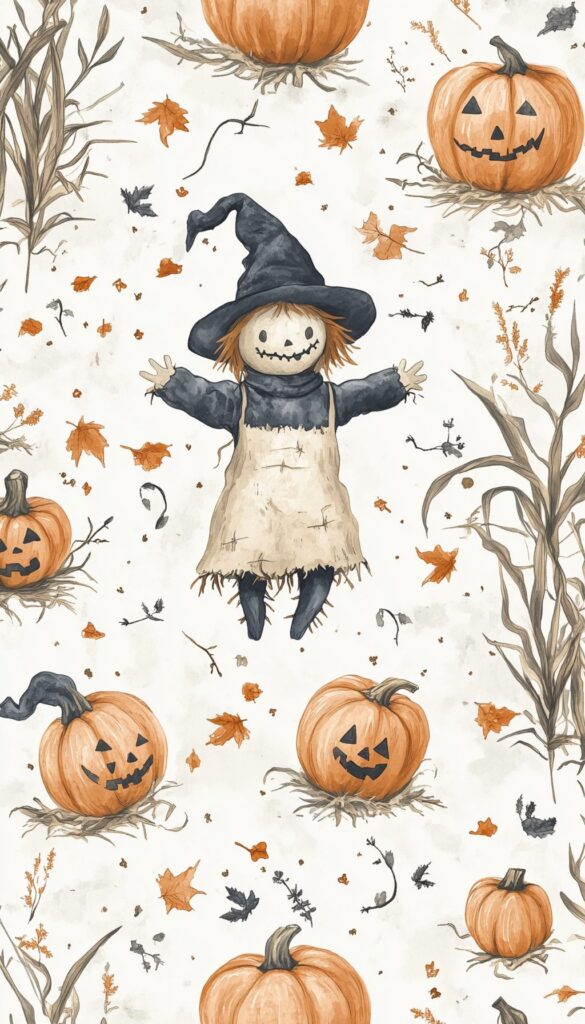 Fall wallpaper with a scarecrow in a witch’s outfit surrounded by pumpkins, corn stalks, and autumn leaves for iPhone background or lock screen.