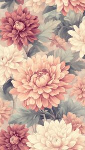 Illustration of soft peach and cream-colored mums with light green leaves, designed as a fall-themed phone wallpaper.

